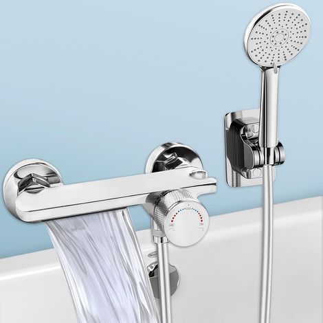 Mitigeur Baignoire, robinet cascade avec douchette, Robinet Baignoire avec Douchette 5 Jets, Robinet Salle Bain Baignoire Mural avec Flexible 1,5m, Robinet de baignoire (Chromée) (1/5)