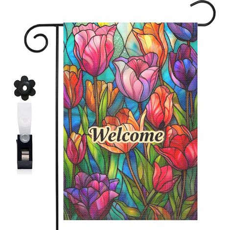 Bannière de cour Welcome et tulipes en vitrail 30 x 45 cm décoration porche et maison (1/5)