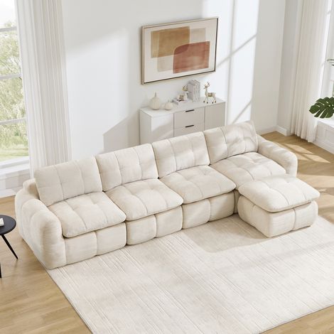 Divano angolare 4 posti a L, modulare senza telaio con 1 pouf, tessuto Chenille beige OKMYHOME (1/5)