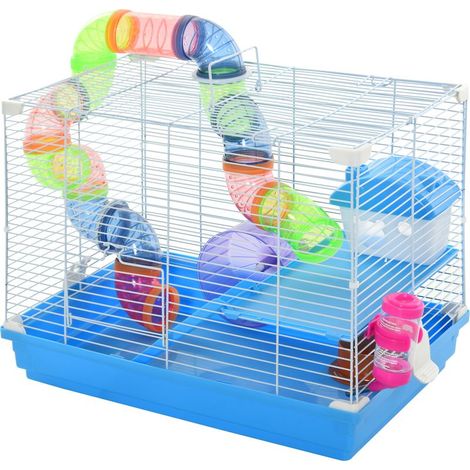 Cage à hamster rongeur 2 niveaux avec tunnel, biberon eau, roue, maisonnette, échelles dim. 46L x 30l x 37H cm (1/5)