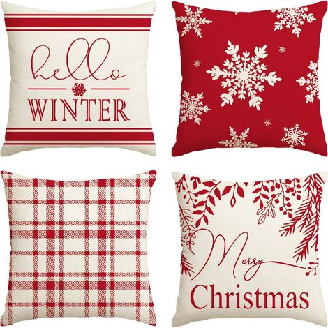 Funda de cojín decorativa a cuadros de búfalo con estampado de copos de nieve rojos, 45 x 45 cm, para sofá o sillón (juego de 4). (1/5)