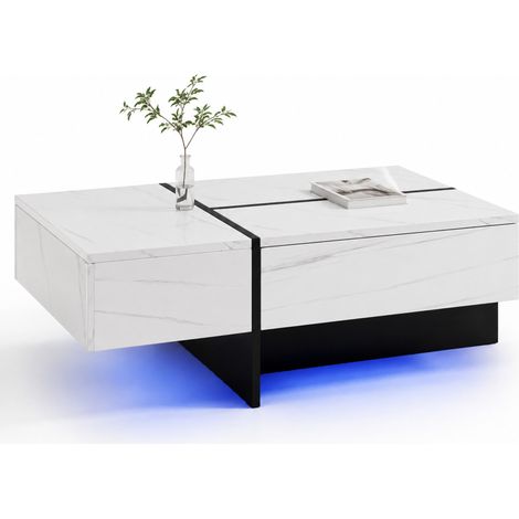 Tavolino da caffè bianco lucido effetto marmo con 3 cassetti, LED controllato da app, 100 x 50 x 34,5 cm, per soggiorno moderno con pratiche funzioni salvaspazio CHICFURN (1/5)