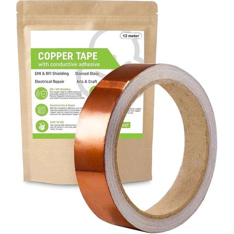 Ruban de cuivre Répulsif anti-limaces 12 mètres Ruban de cuivre auto-adhésif pour plantes et pots Répulsif anti-limaces écologique Ruban conducteur pour blindage EMI/RFI et électronique Feuille d (1/2)