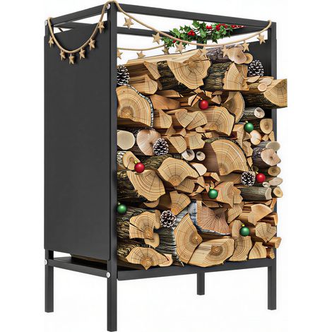 Beyamis Kaminholz-Einbaukorb, Kaminholztür, Holzheizungshalterung für drinnen und draußen, 44 x 28 x 65 cm, schwarz