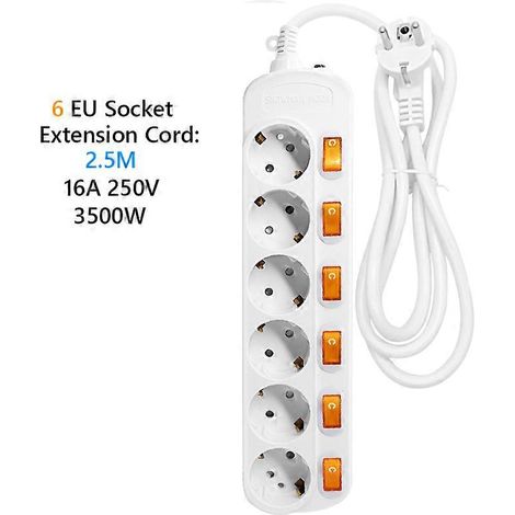 Spécifications : rallonge 10/16A 250V avec protection contre les surcharges, multiprise 4,8 mm avec double disjoncteur, prise secteur 2 broches, 6 trous, 2,5 m. (1/4)