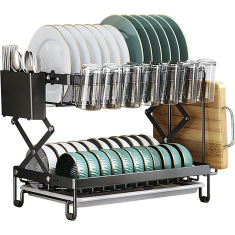 Égouttoir à vaisselle pliable à deux niveaux pour évier, en acier inoxydable, avec porte-couverts, porte-gobelets et support pour planche, organisateur de cuisine (1/5)