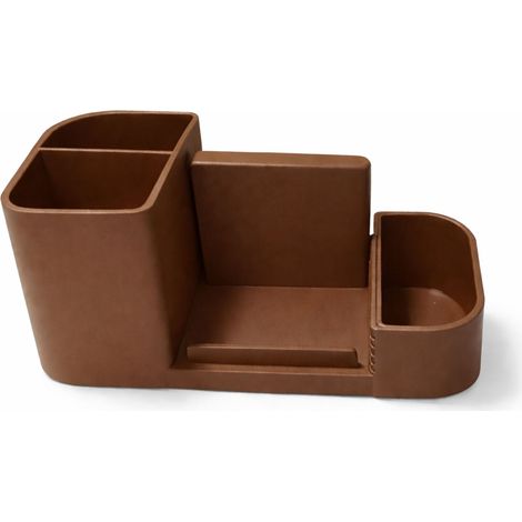 Organizador de escritorio marrón con soporte para teléfono y contenedor para objetos pequeños.
