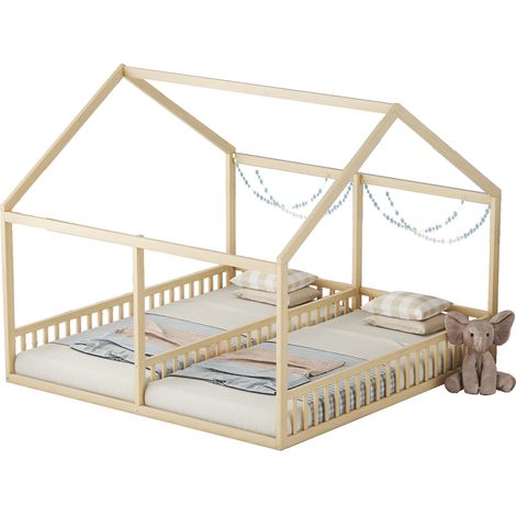 Modernluxe – Lit cabane en bois de pin 90x200cm – Avec toit et sommier à lattes – Barrières anti-chute pour sécurité enfants – Personnalisable (1/6)