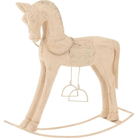 Cheval à bascule décoratif en bois naturel et métal artisanal - Bois naturel clair et argenté