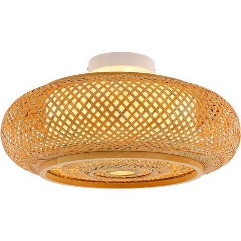 HAUTOUR Plafonnier rond style moderne rotin jaune en bambou et fer, luminaire plafond E27 pour intérieur, convient salon chambre cuisine café 10-15m² (1/5)