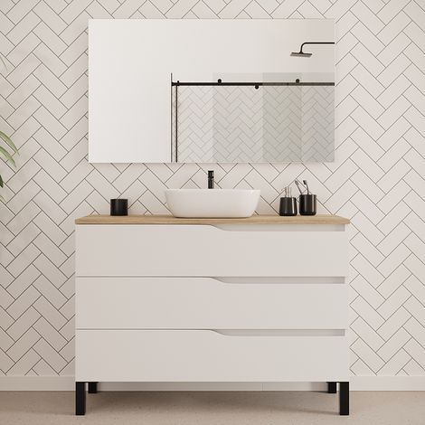 Meuble de salle de bain 120cm avec plateau miel et vasque à poser zeus - 3 tiroirs - blanc - MATA (1/5)