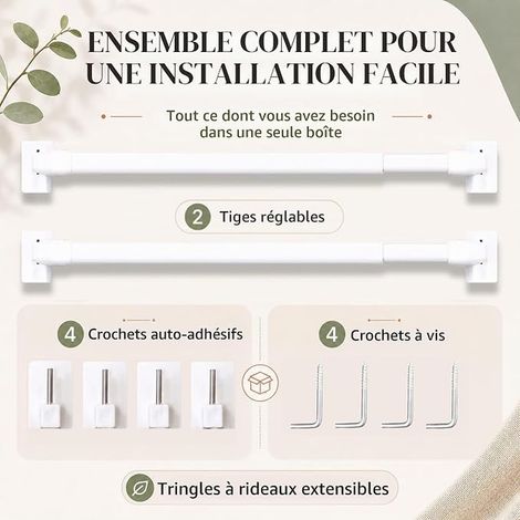 Curtain Rods Extendable Rod with Adhesive Hooks for Window and Wardrobe White 30-50cm (1/3)