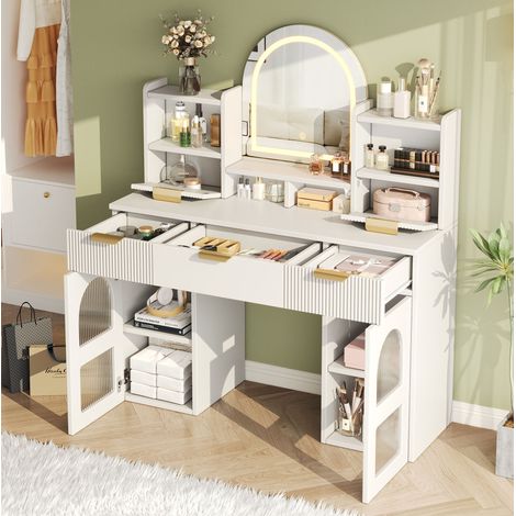 Coiffeuse blanche avec miroir LED, 3 tiroirs, 2 vitrines en verre, étagères, 120x40x139,5 cm (1/5)