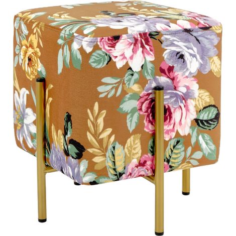 Baroni Home Pouf Poggiapiedi Quadrato in Velluto, Pouf da Salotto Imbottito, Pouf Panchetto per Camera da Letto, Fiori Base Cognac, 33x33x38 cm (1/2)