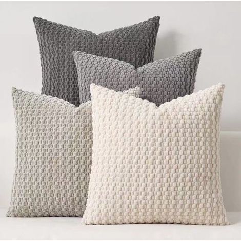 Ensemble de 4 housses de coussin – 45 x 45 cm – Housses de coussin en velours côtelé – Rayures double face – Style bohème – Blanc, gris, gris clair et gris foncé – Fermeture éclair invisible – Convien (1/5)