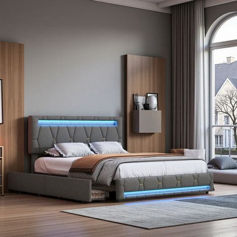 Letto 140x200 cm - 231213GY - LED regolabile - storage - Scandinavo - Lino - struttura letto matrimoniale 140x200 cm - Grigio (1/5)