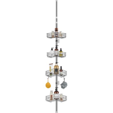 1 - Étagère Douche Télescopique - Accessoire Salle de Bain - Réglable en Hauteur 78-319cm - Sans Percage avec 4 Paniers et Crochets - Pour Douche ou Baignoire - Gris (1/5)