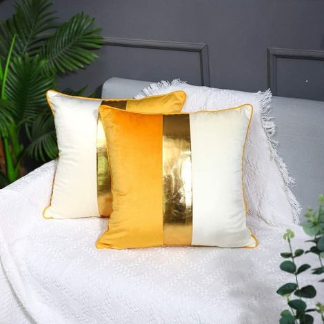 Housse de coussin en velours patchwork cuir jaune beige doré 20x20 lot de 2, taie décorative luxueuse moderne pour canapé salon chambre voiture (Jaune, 50x50 cm) (1/5)