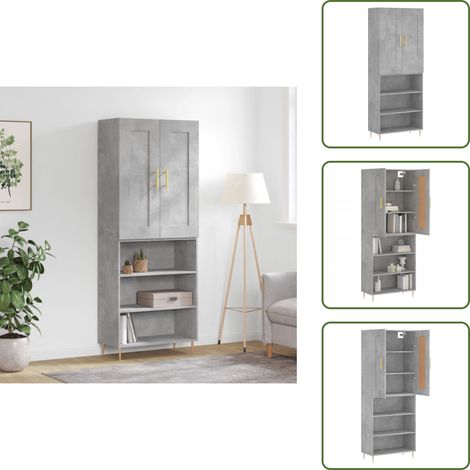 Pieds métalliques - vidaXL Buffet haut Gris béton 69,5x34x180 cm Bois d'ingénierie - Espace de rangement (1/5)