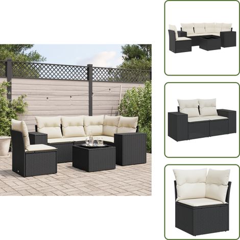 6-tlg. Garten-Sofagarnitur mit Kissen Schwarz Poly Rattan - Gartenmöbel Set - Rattan Möbel - Outdoor Lounge - Esstisch Set - Gartentisch (1/5)