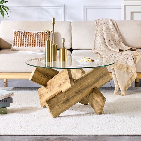 Table basse ronde - MDF + Verre - Diamètre 79 cm - Hauteur 45 cm (1/5)
