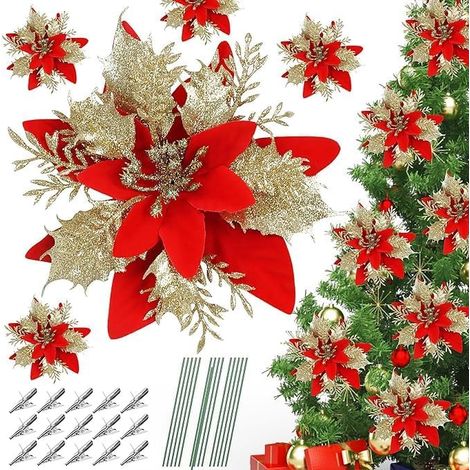 12 künstliche rote Glitzer-Weihnachtssterne, mit Clips und Stielen, für Weihnachtsbaum und Heimdekoration (rot) (1/5)