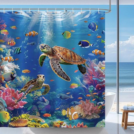 Duschvorhang aus Polyester, 180 x 180 cm, Schildkrötenmotiv, tropische Fische, Ozeanmotiv, schimmelresistent, wasserdicht, waschbar, mit 12 Haken (1/5)