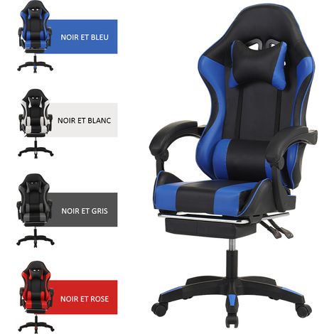 Chaise Gaming - Repose-pieds TÉlescopique - Appui-tÊte - Support Lombaire - Charge 150 kg - Bleu (1/5)