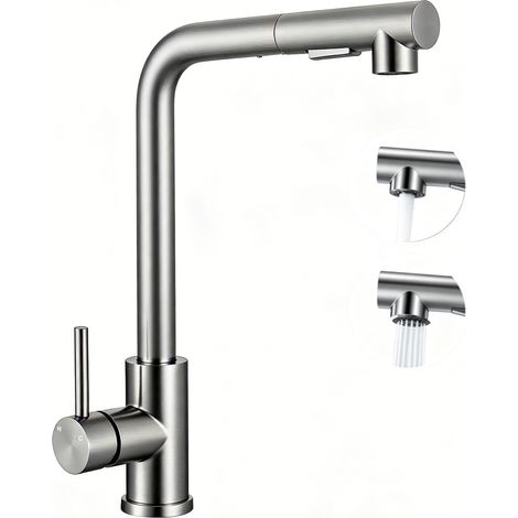 AICA Küchenarmatur Ausziehbar Wasserhahn Küche L‑förmige Mischbatterie Hochdruck Zwei Sprühfunktionen 360° Schwenkbar Spültischarmatur Versilbert (1/5)