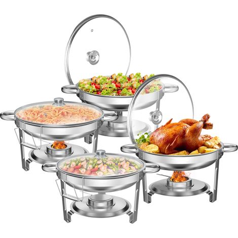 4 Pack 5QT Round Chafing Dish Buffet Set with Glass Lid & Lid Holder Stainless Steel Chafers for Catering Parties Events Wedding Camping Dinner (1/5)