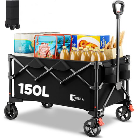 SUNULA Chariot pliable tout-terrain 150 L – charge 120 kg – poignée 1‑clic – Noir (1/5)