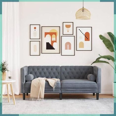 372684 Canapé Chesterfield avec traversins 2 places gris foncé velours (1/5)