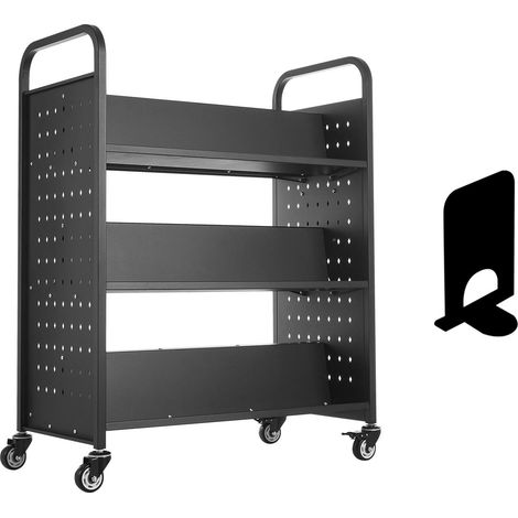 Rollbarer Bibliothekswagen, Tragkraft 150 kg, 97 x 51,5 x 122,5 cm, doppelseitige W-förmige Regalböden, 76,2 mm feststellbare Rollen, Schwarz (1/5)