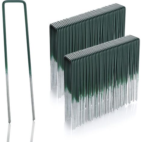 100x Piquets en Acier galvanisé à Chaud pour Gazon synthétique - Hauteur 15 cm  Largeur 2,5cm  Acier 2,9mm - Tête Plate - Vert et Acier
