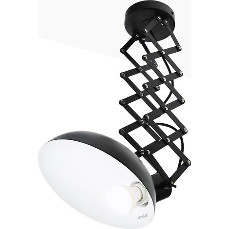 Barcelona Led – Plafonnier vintage industriel bras ciseaux orientable – Aluminium noir mat – Douille E27 jusqu'à 40W – Bras extensible 62 cm – Ø 210 mm