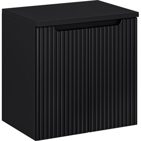 Wandhängendes Badezimmer-Set VANO 60cm: Unterschrank mit vertikal gerillten Schranktüren + matte schwarze Waschtischplatte
