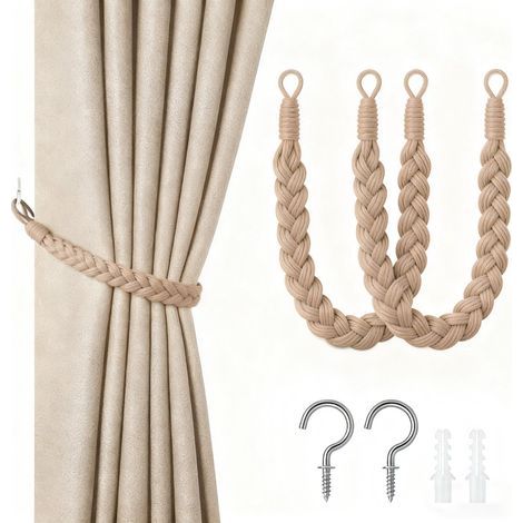 Lot de 2 embrasses pour rideaux en cordon de 60 cm avec crochets - Embouts tissés à la main - Brun clair (1/5)