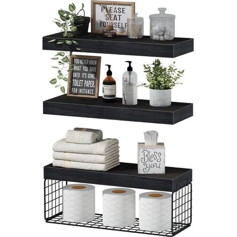 Étagère flottante - Rangement - Organisateur de salle de bain - Étagère murale en bois - noire (1/5)