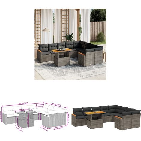 Salon de jardin avec coussins 10 pcs gris résine tressée - Ensemble Salon De Jardin - Meuble Extérieur - Résine Tressée - Rotin Synthétique - Table Extensible - Home & Living (1/3)