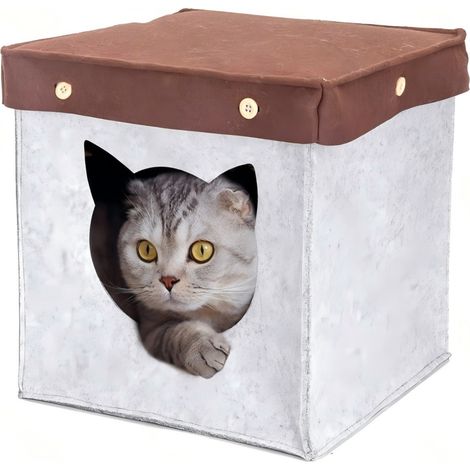 Lit pour chat carré semi-fermé, pliable et polyvalent. (1/4)