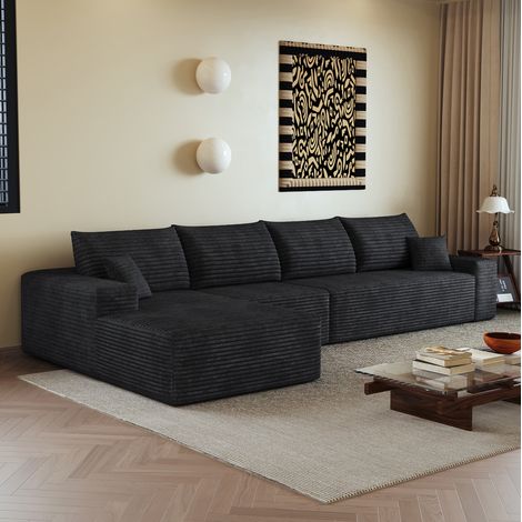 Sofá modular de esquina 340 cm negro en tela de pana sin montaje con chaise longue reversible (1/5)