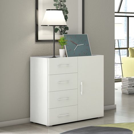 Mueble multiusos Terraneo de 4 cajones con puerta y bandeja superior efecto cemento blanco, 90x41x87 cm (1/4)