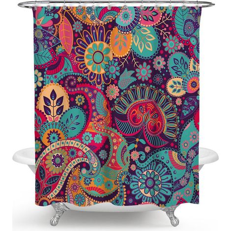 Mandala Ethnique Décor Rideau De Douche Rétro Géométrique Motifs Ronds Imprimé Floral Thème Salle De Bains Ensemble avec Crochets 150x180cm (1/4)
