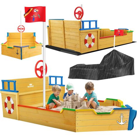 KIDIZ® Sandkasten Ahoi - Piratenschiff Boot Segelschiff aus Holz Inkl. Abdeckung   Bodenplane   Sitzbank   Flaggenmast   Sandspielzeug   Bunt