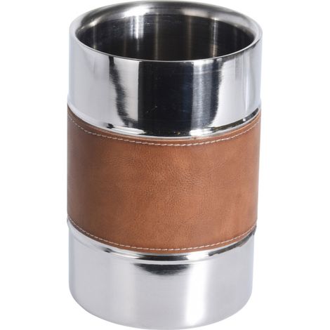 Rafraichisseur de Bouteille Double Paroi en Métal Chromé et Similicuir Marron