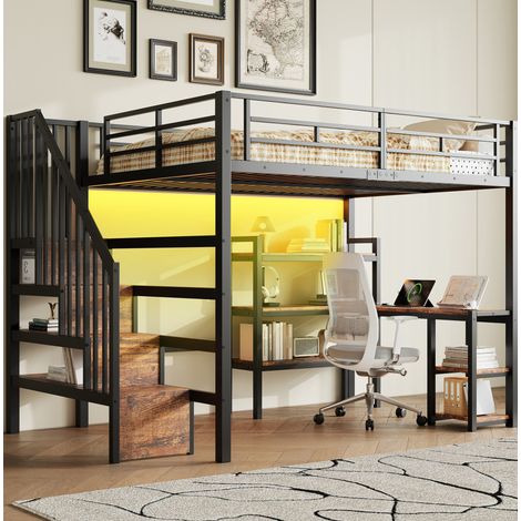 Letto a soppalco moderno in metallo nero 140x200 cm con scala contenitore, scrivania integrata, scaffali e LED USB