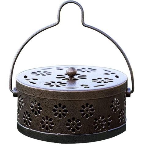 Porta incenso a spirale antizanzare, classico porta incenso a spirale antizanzare, porta incenso in metallo cavo con decorazione floreale, resistente al calore con manico e coperchio per casa e giardi