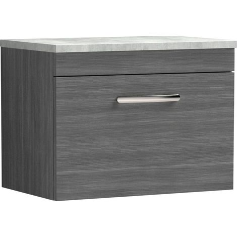 Millwich Contemporary 1 Drawer Wall Hung Vanity Unit with Laminate Black Galaxy Granite Worktop, 600mm