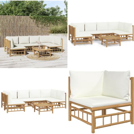 7-tlg. Garten-Lounge-Set mit Cremeweißen Kissen Bambus - Bambus Möbel - Gartenloungeset - Outdoor Möbel - Esstisch - Wohnzimmergarnitur - Home & Living (1/5)
