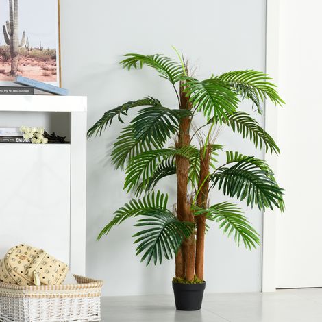 Palma artificiale Outsunny, alta 1,2 m, albero artificiale con tronco, rami, licheni e foglie, altamente realistico, vaso incluso.